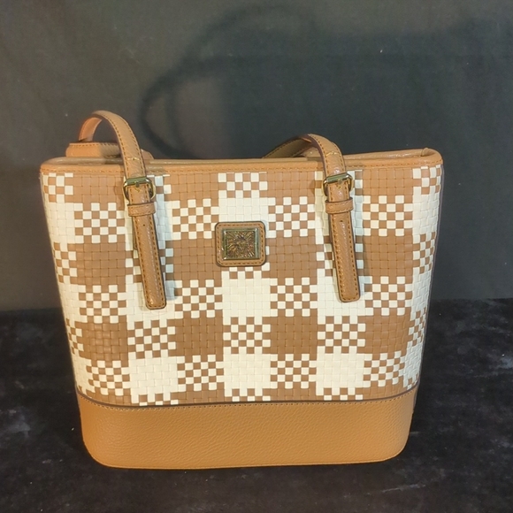 Anne Klein handbag purse tan checker casual tote large Woven 17"x13"x5" - Picture 1 of 10